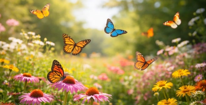 cremation services in Guilderland, NY butterflies flying over a colorful flower garden