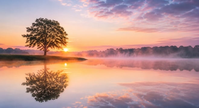 a lone tree reflected in calm water and gentle morning mist, symbolizing comfort and reflection for cremation services Colonie, NY