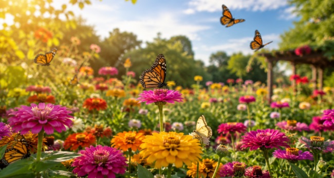 Colorful butterfly garden filled with blooming flowers under warm sunlight for cremation services in Loudonville, NY
