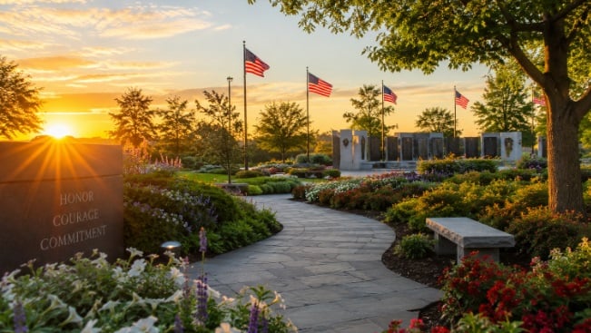 American flags, blooming flowers, and a winding stone pathway, reflecting dignity and remembrance at funeral homes Colonie, NY