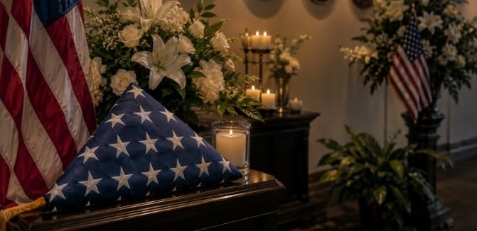 American flags, white flowers, candles, and military tribute elements inside a funeral home in Guilderland, NY.