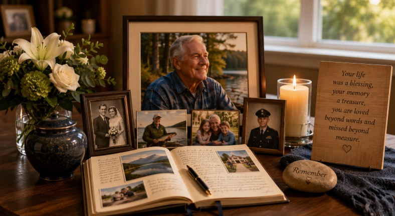 framed photos, flowers, candle, and guest book for cremation services Colonie, NY