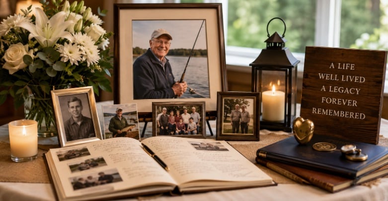 Memorial display with framed photos, flowers, candles, and guest book at funeral homes Colonie, NY