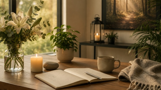 open journal, and soft natural light, representing thoughtful cremation services in Guilderland, NY